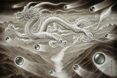 「水墨飛龍」2009年水墨画（茶墨　青墨・紙・金箔） 額装サイズ横95cm縦64cm